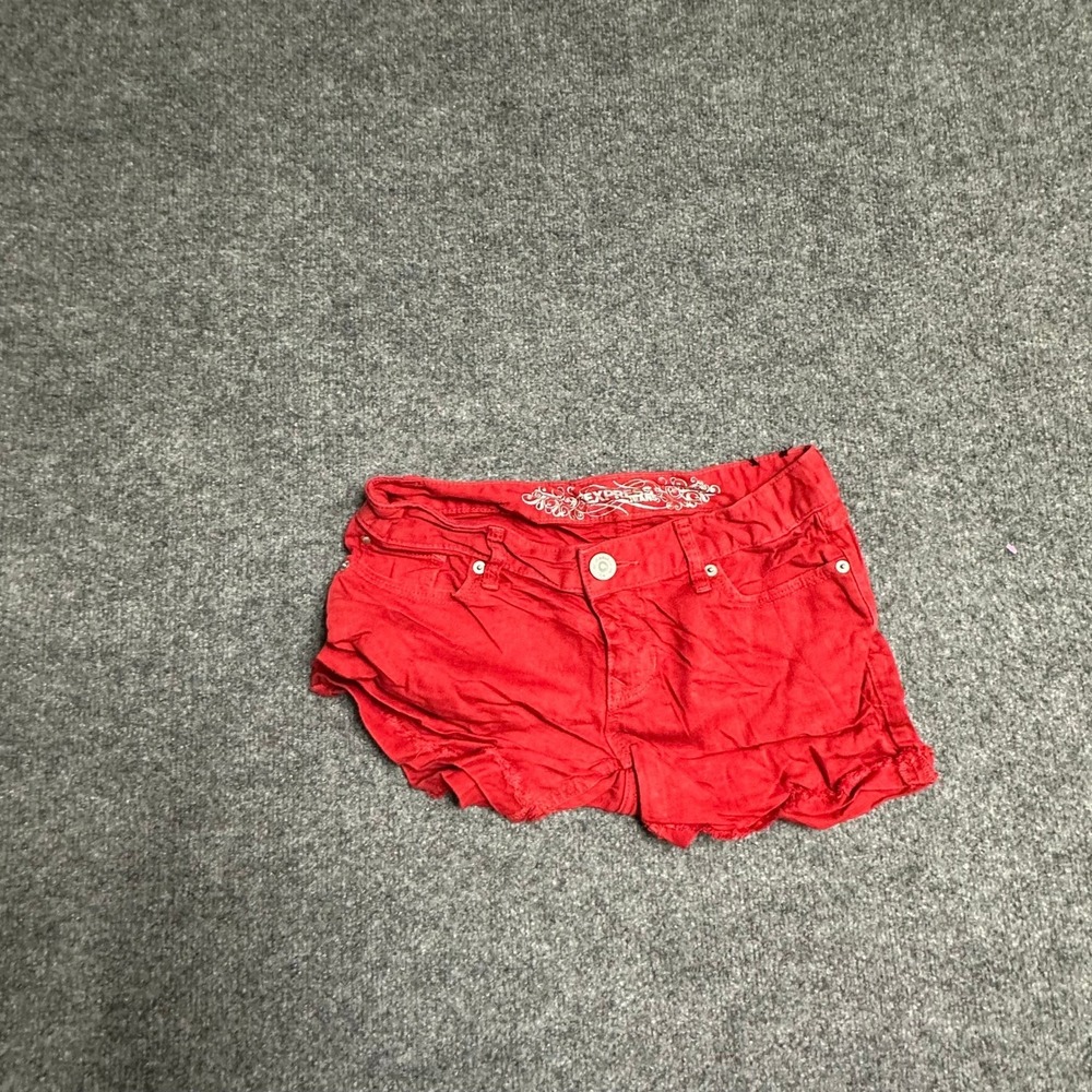 Express Shorts Womens Size 2 Red Denim Low Rise Frayed Raw Hem Stretch Casual